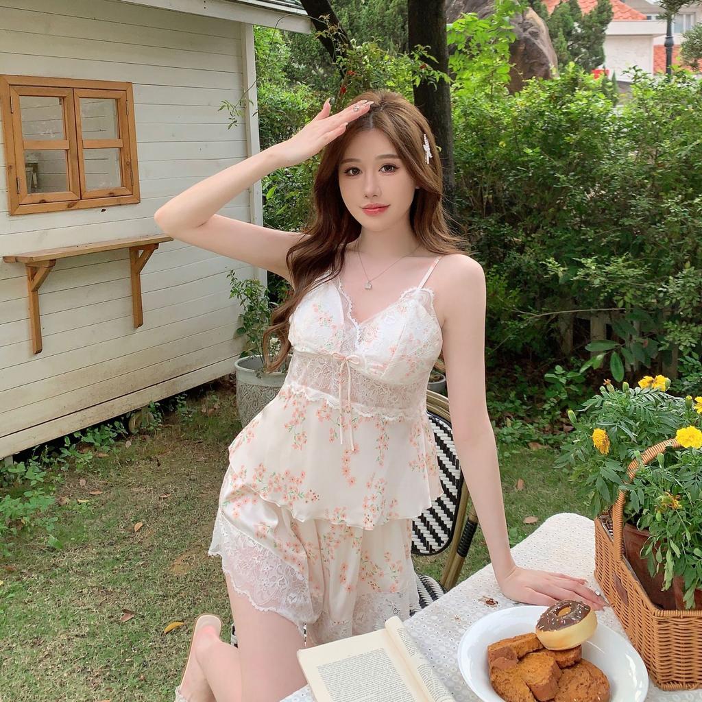 Suspender Pajamas Women's Summer Ice Ribbon Chest Pad Printing Fashion Can Be Worn Outside Pure Desire Style Suit Loungewear