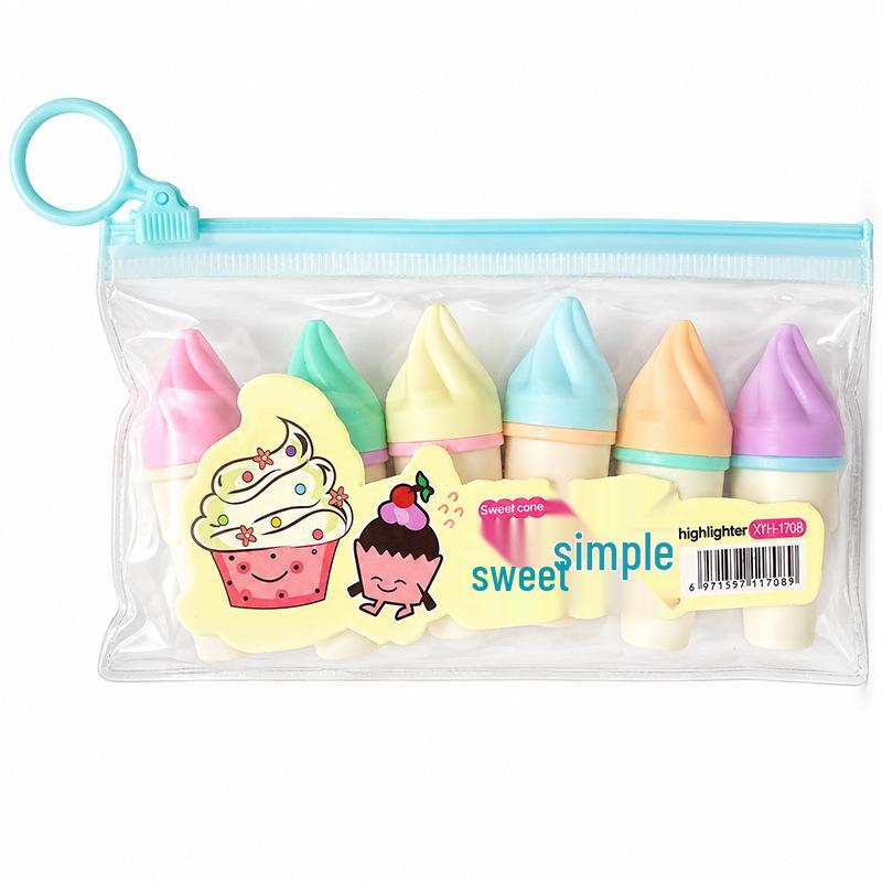Cone-Shaped Fluorescent Pen Set - 6 Colors, Cute Cartoon Ice Cream Design, Portable Mini Pens for Students and Planners.