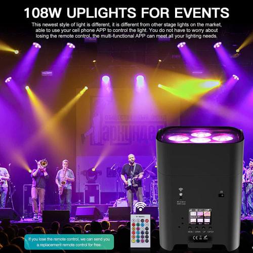U`King 6x18W RGB LED Stage Lighting, Par Light, Rechargeable 8800mAh Battery, Wireless Operation with APP & Remote Control, WiFi, DMX, and Voice Contr