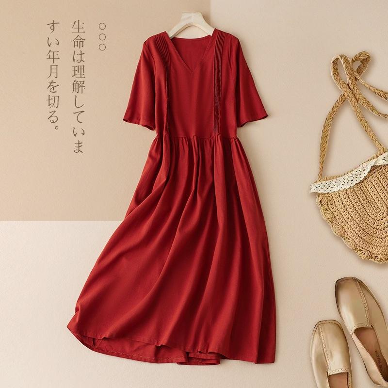 

Однотонное хлопково-льняное плиссированное платье женское 2025 лето новое большого размера женская одежда талия и тонкий V-образный вырез короткий рукав длинное платье 2XL красный