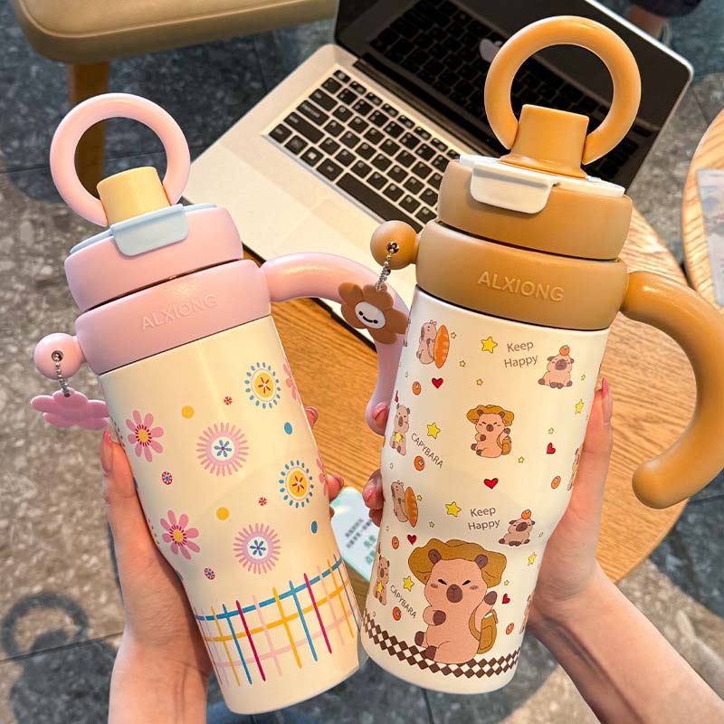 800ml Cartoon Cute Thermal Water Bottle With Handle Tea Water Separation 316 Large Capacity Sports Straw Thermo Mugs Coffee Cup