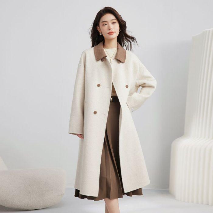 Women's Off-White Wool Coat - Korean Style Mid-Length Jacket for Autumn/Winter