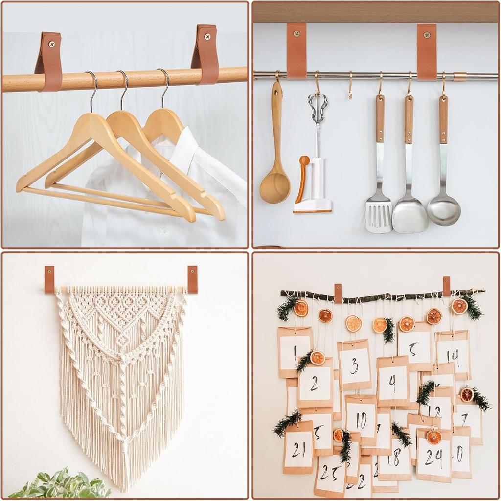 6PCS PU Leather Curtain Rod Holder, Leather Strap Wall Hanging Boho Leathers Wall Hooks Leathers Straps for Hanging Towels Curtains Storage Kitchen