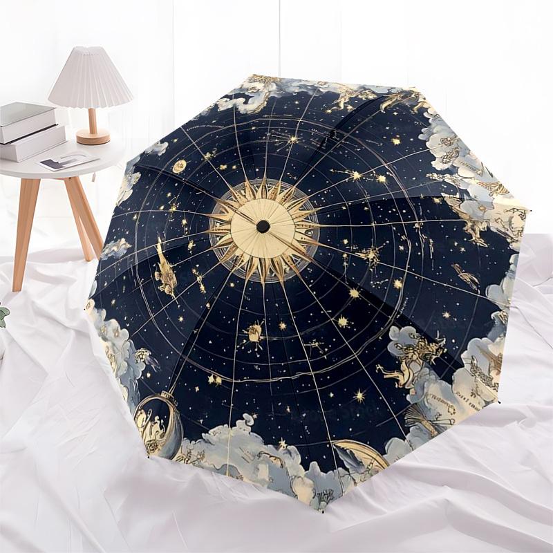 1pz Ombrello Pieghevole Automatico Costellazioni Celesti - Design Portatile a 3 Pieghe con Telaio in Ferro, da Esterno per Appassionati, Viaggiatori, Uso Quotidiano, Regalo Festivo