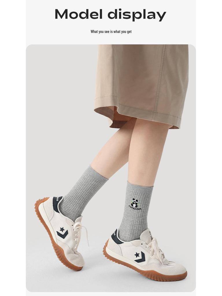 Renaissance Women's College Style Mid-Calf Socks, Solid Color with Panda Embroidery, Thin and Breathable for Spring and Autumn