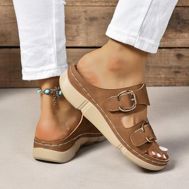 Large Size Wedge Slippers Women's Summer New Belt Buckle Light Outer Wear Fashion Slippers Women