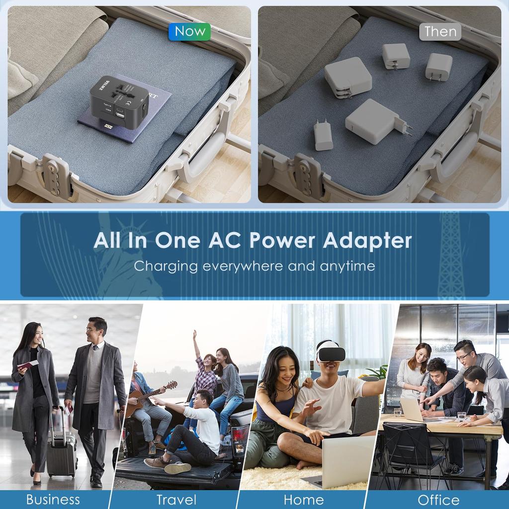 VELIKE Travel Adapter, Worldwide Compatible, with 1 USB-C and 1 USB-A Port, COBFA Type Converter, Multi-Conversion Plug, Power Adapter for 200+