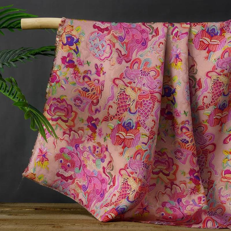 100x145cm Pink Flower Rose Jacquard Fabric Double Fish Lion Qilin Xiangyunsha New Chinese-style Cheongsam Dress Top Fabric