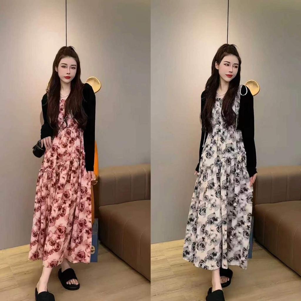 French suspender floral long A-shaped skirt women's clothing autumn new retro waist and thin temperament French dress