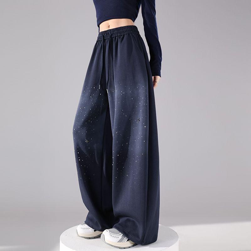 Pantalones de chándal para mujer con plátano y strass degradado - Cintura elástica Otoño/Invierno Pantalones casuales de pierna ancha