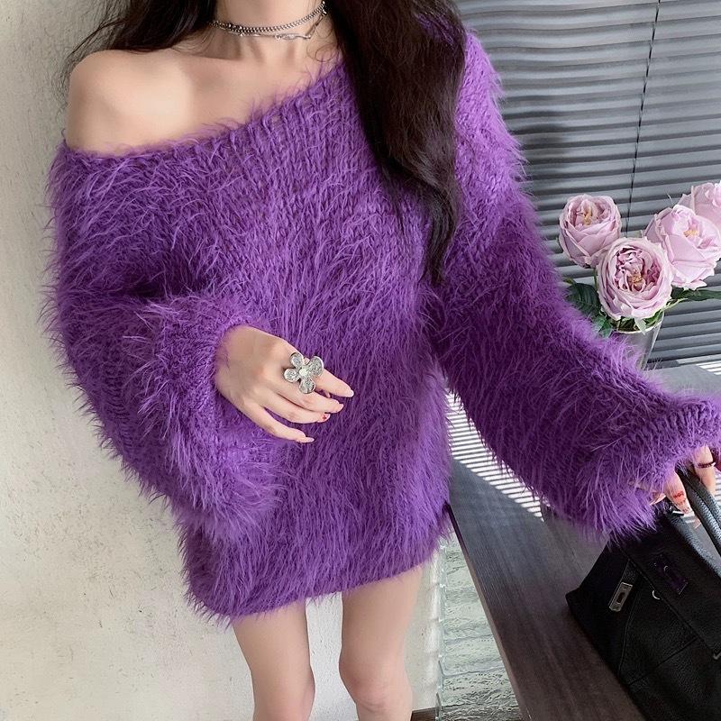 Dámský pletený svetr se svetrem s lodním límcem a volným svetrem z umělého norkového sametu