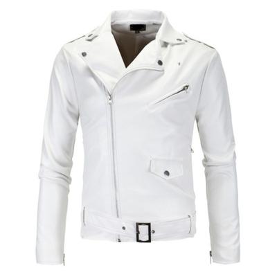 Nueva Chaqueta de Cuero Slim para Hombre de Motocicleta Cuello Mao Corte Cremallera Diagonal Chaqueta de Cuero Blanca