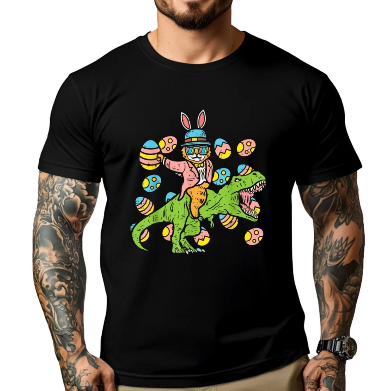 

Cat Easter Bunny Riding Dino Trex Egg Hunt Dinosaur Boys Graphic T Shirts Men Cotton Men s Clothing S чёрный