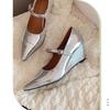 Beautiful temperament small silver high heels women's 2025 new spring special-shaped heel pointed retro wedge heel Mary Jane single shoes