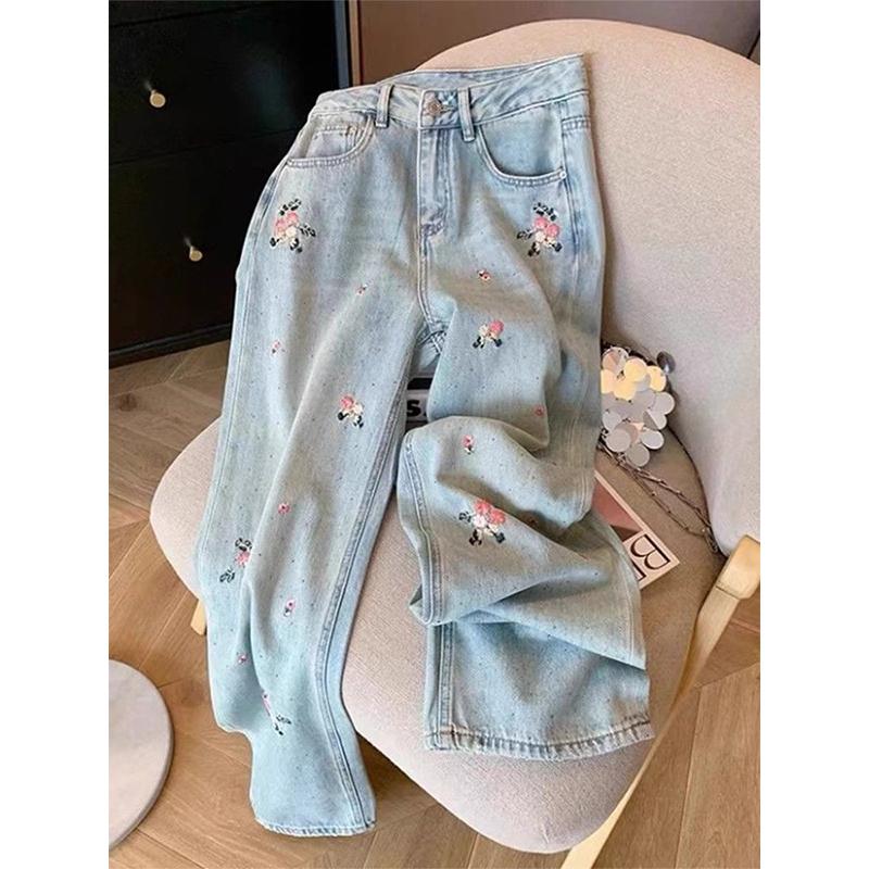 

Женская осенняя мода с вышивкой и высокой талией, тонкие широкие женские джинсы для офиса и леди, универсальные трендовые джинсы XXXL синий