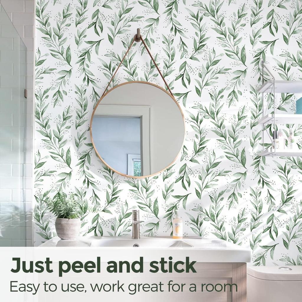 Peel and Stick Wallpaper 17.7 x590.5 Inch Olive Green Leaf WallpaperStick on Wallpaper for Bathroom Vinyl Removable Wallpaper Self Adhesive Wallpaper