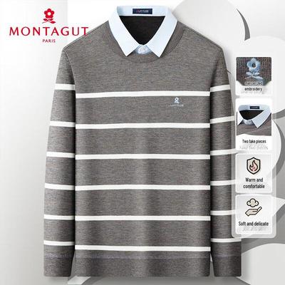 MONTAGUT Men's Autumn/Winter Faux Two-Piece Striped Knit Pullover