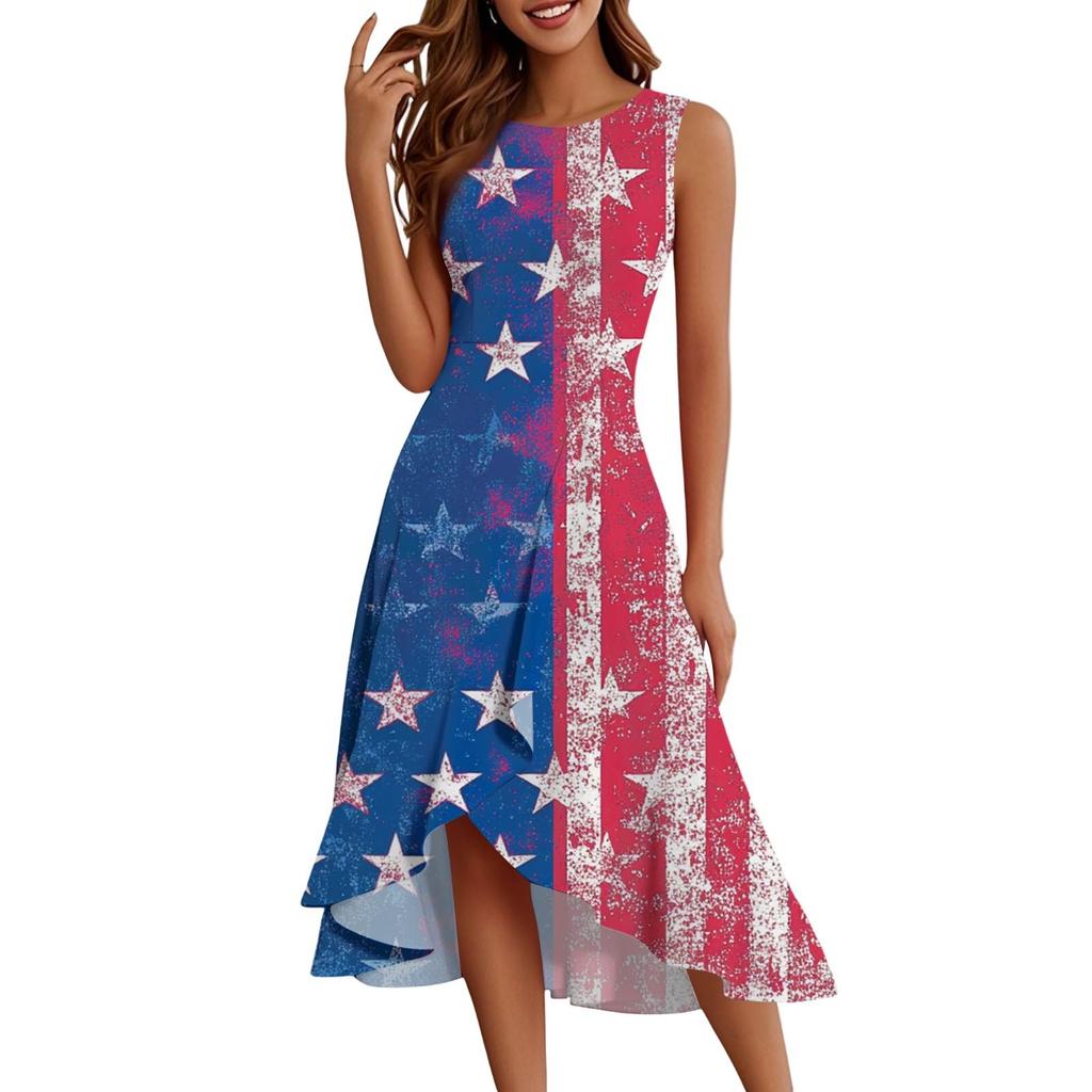 Women's Fashion Casual Zipper Sleeveless Round Neck Independence Day Elegant Temperament Ruffle Dresses Dresses
