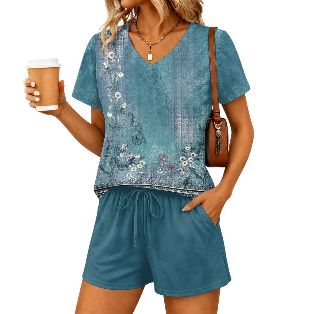 Women Two Piece Set V Neck Short Sleeve Top with Floral Print and Elastic Waist Drawstring Shorts Casual Lounge Wear