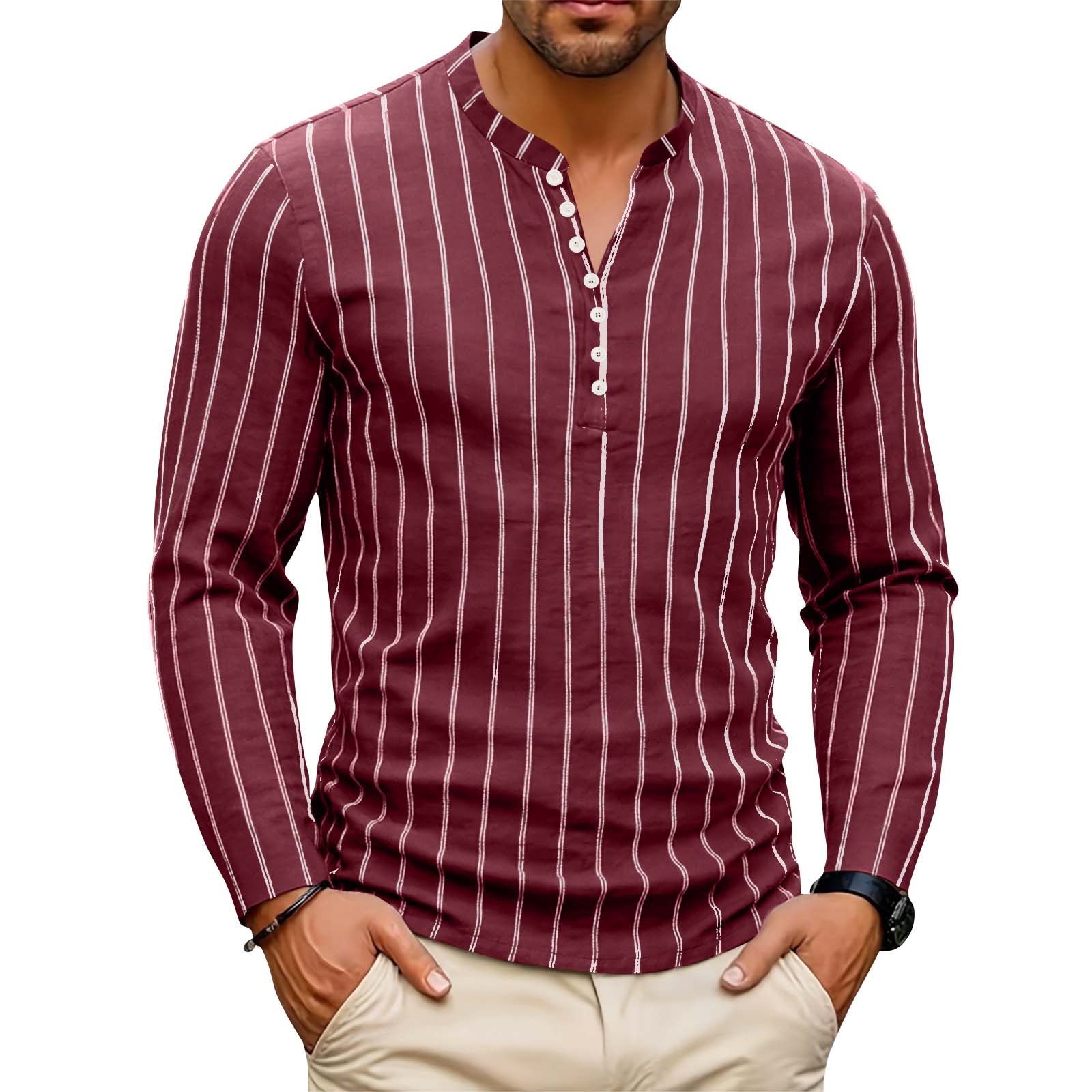 

Men s Striped Single Breasted Slim Fit Long Sleeved Casual Outdoor Sports Top XL винний