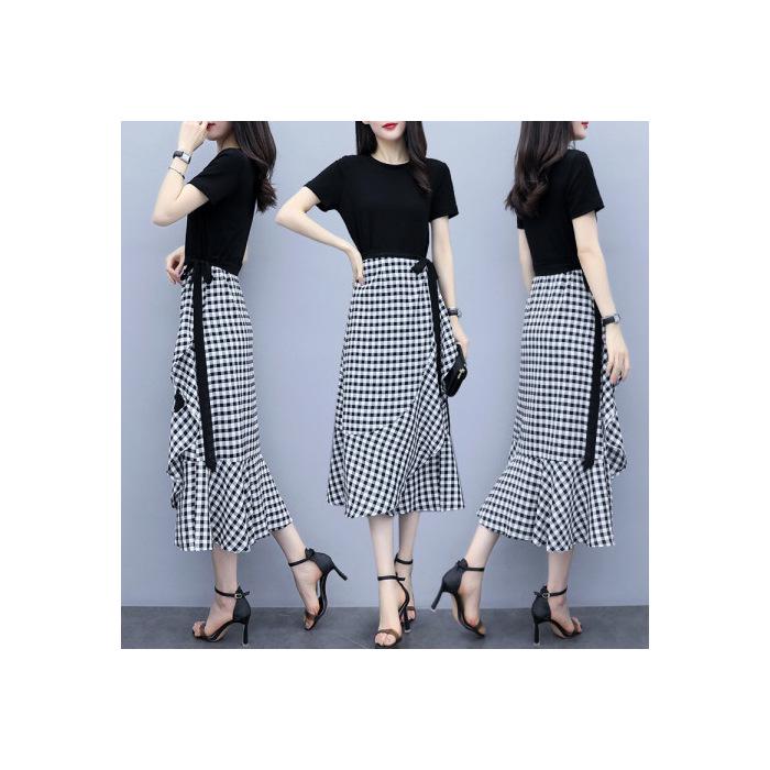 

Женский клетчатый костюм-двойка 2024: Миди-платье с облегающей талию юбкой M чёрный