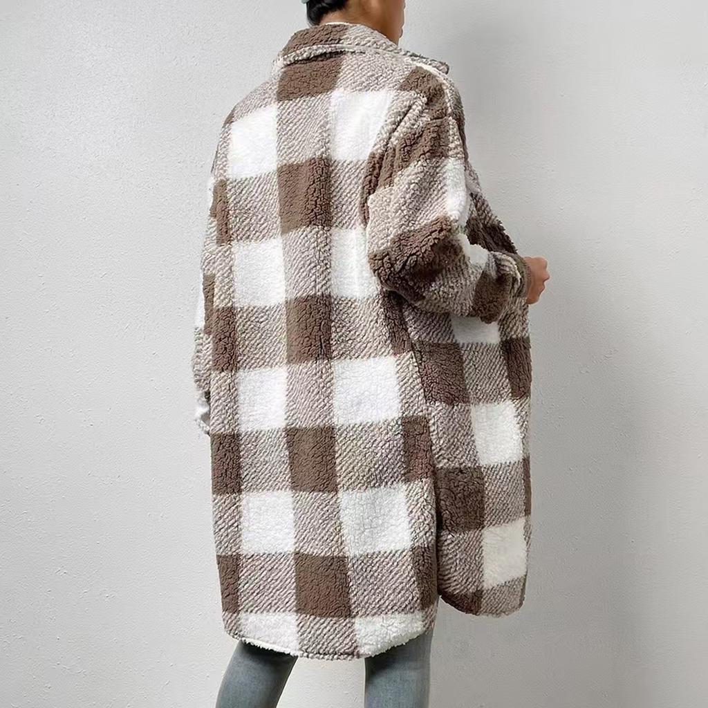 Women's Plaid Double-sided Plush Patch Pocket Button Cardigan Casual Top Jacket