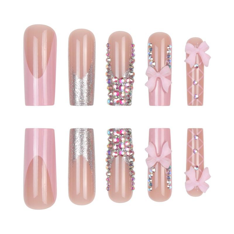 Sweet French Tip Press On Nails With Rhinestone Bow Decor Long Water Drop Shape Gel Adhesive Jelly Glue Options