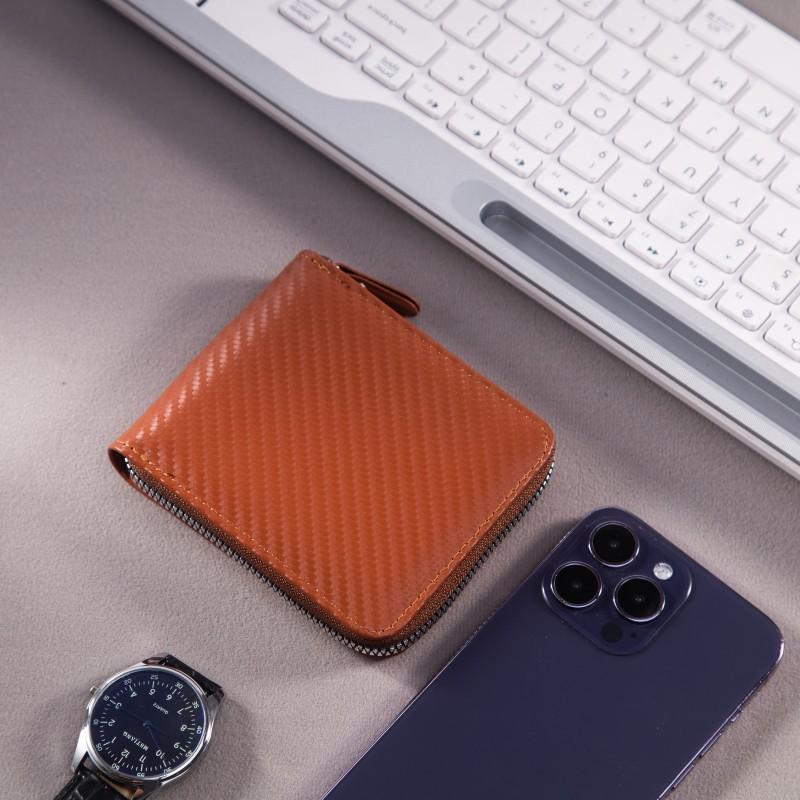 Men's 2025 Carbon Fiber Pattern Wallet: Large Capacity Zipper Card Holder Chain Bag