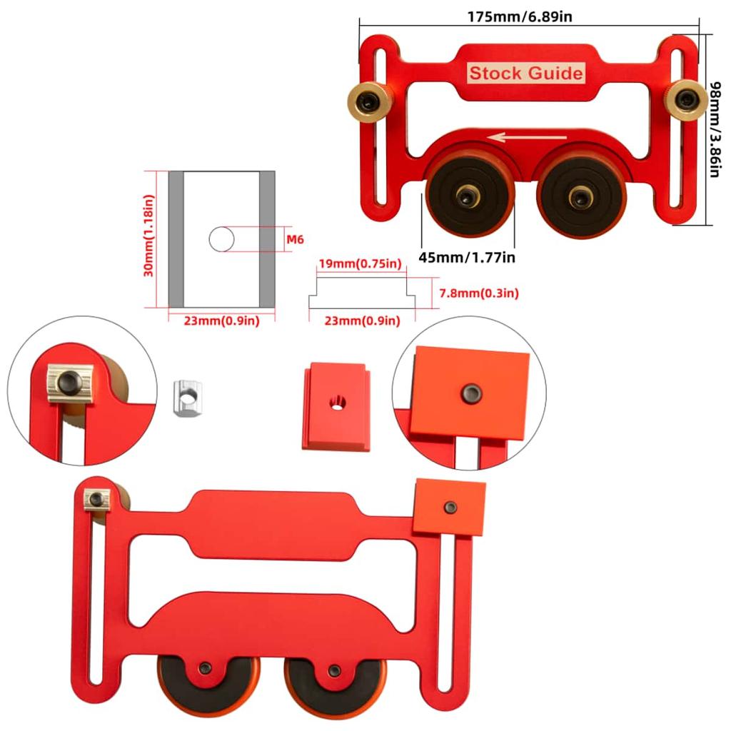 Heavy-Duty Aluminum Alloy Table Saw Stock Guide with Sliding Blocks and Double Wheel Bearing System, Featherboard with M6 Holing