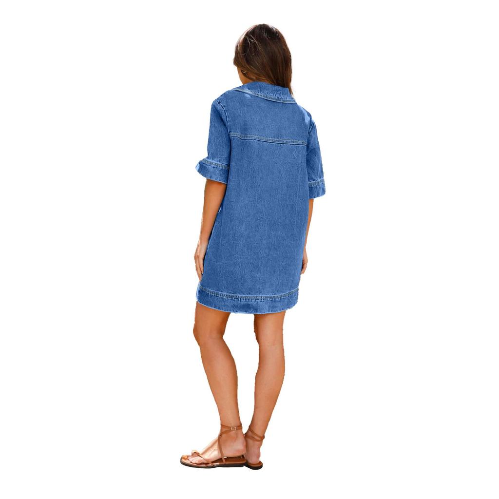 Women Spring Short Sleeve Turn-down Collar Dress Summer Casual Loose Above Knee Denim Dresses S-XL