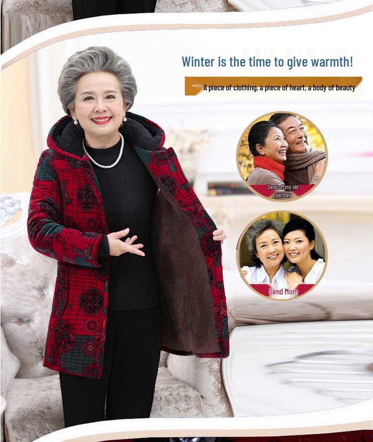 Elderly Women's Cotton-Padded Winter Jacket - Thickened Velvet Coat for 70-Year-Olds