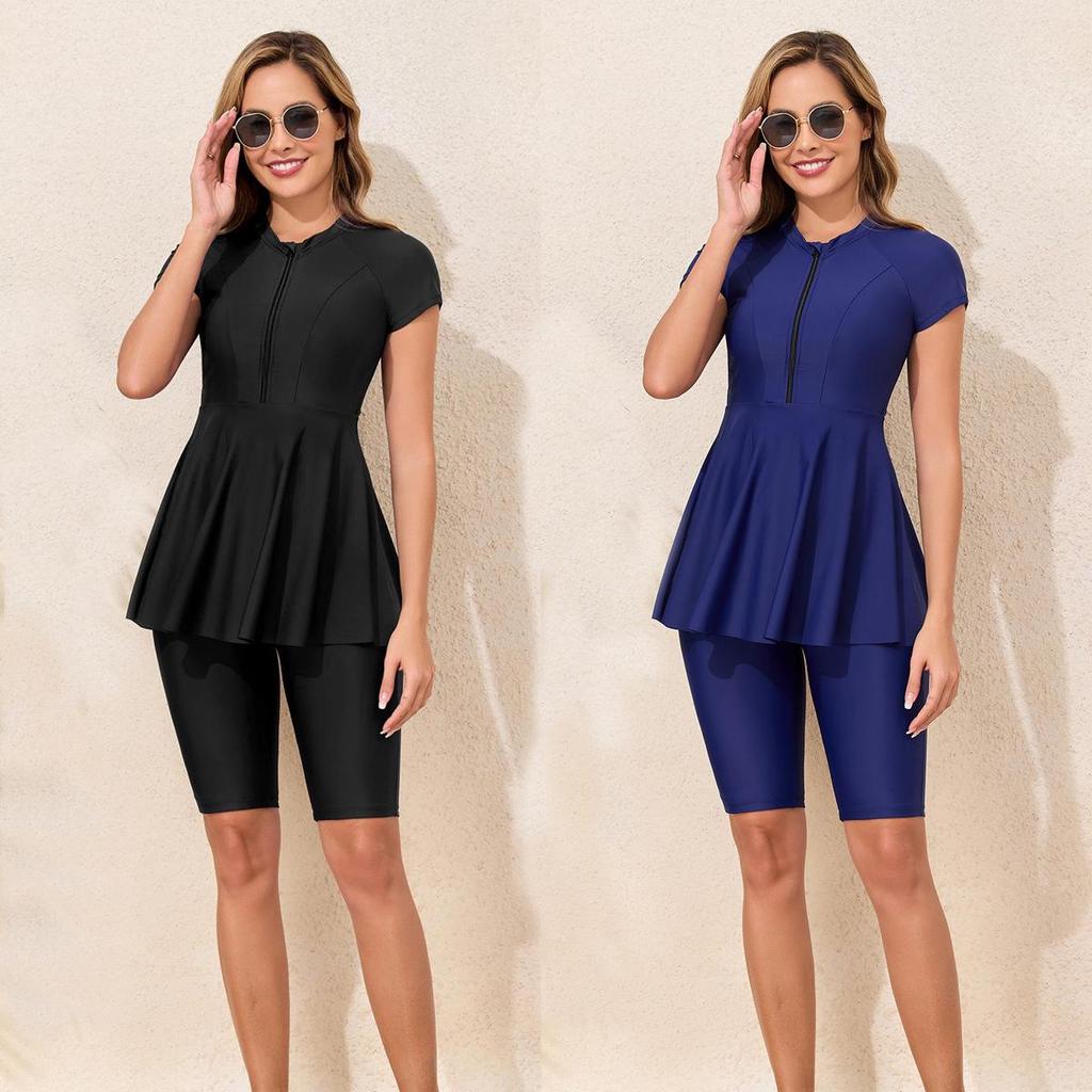 Costume da bagno da donna a due pezzi con cerniera, maniche protettive dal sole e pantaloncini in stile mediorientale conservatore (2026)