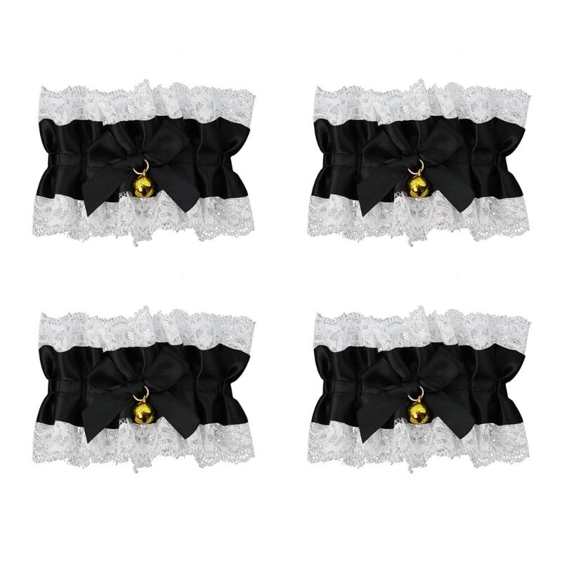 4Pcs Delicate Lace Trimmed Bows Charm Bracelet With Bells Decoration Anklet Gift for Halloween Prom Masquerades
