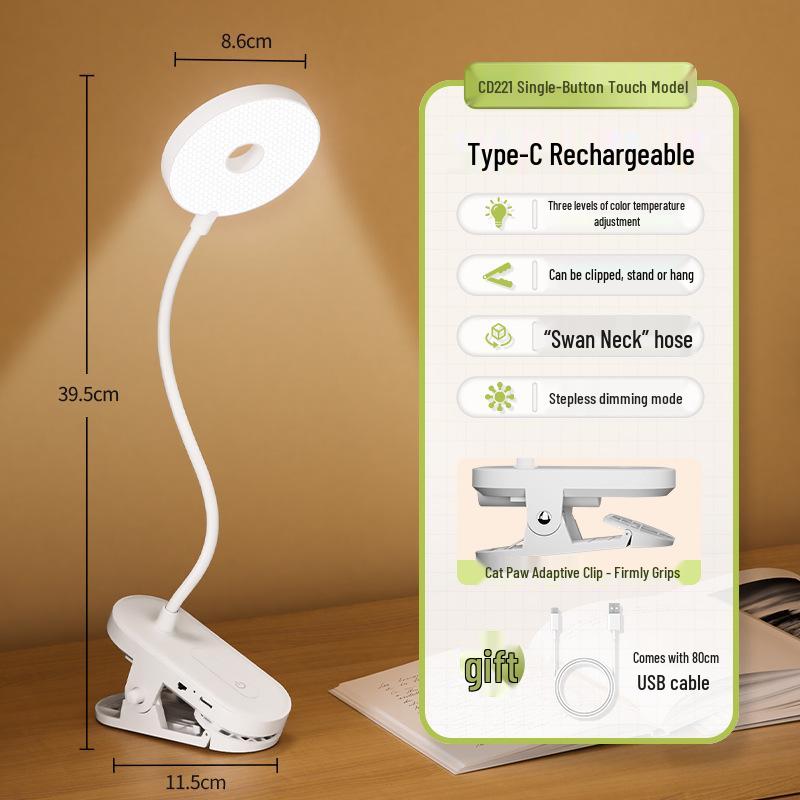 Dimmable Clip-on Desk Lamp, Eye Protection, Dual Use (Plug-in/Battery), for Bedside, Children's Study, and Dormitory Reading.