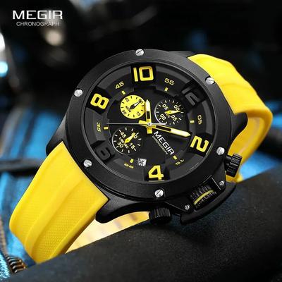 Luxury Quartz Watch for Men Yellow Silicone Strap Military Sport Wrist Watches Chronograph Auto Date Relogio Masculino