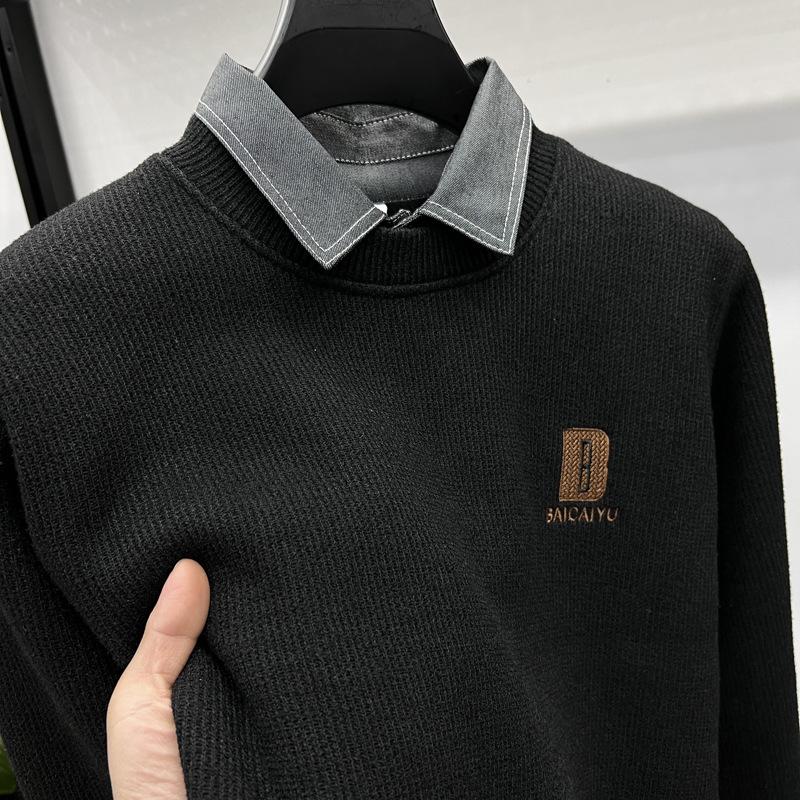 Autumn And Winter Trendy Brand Fake Two-Piece Shirt Collar Long-Sleeved Sweater Knitted Sweater Warm Casual Fashion Men