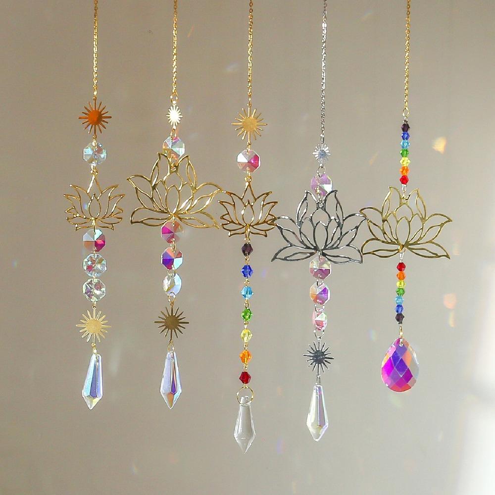 Crystal Lotus Hanging Wind Chimes Stained Glass Suncatcher Aesthetic Landscape Room Pendant Decor Garden Decor Sun Catcher