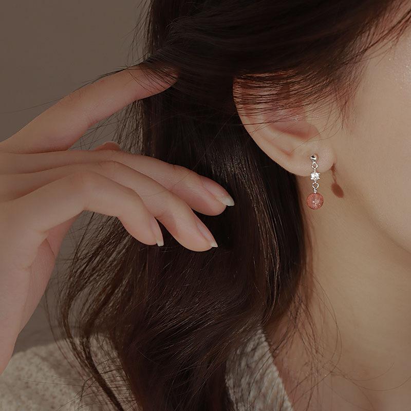 Diamond Pink Strawberry Crystal Earrings Light Luxury Cold Wind Fashion French Sweet Temperament Stud Earrings Recruit Peach Blossom