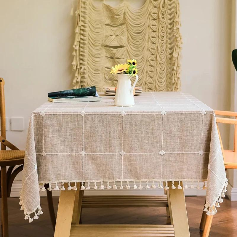 Light Green Rectangular Tablecloth Boho Rustic Farmhouse Decoration Solid Color Tassel Living Room Kitchen Dustproof Table Cover