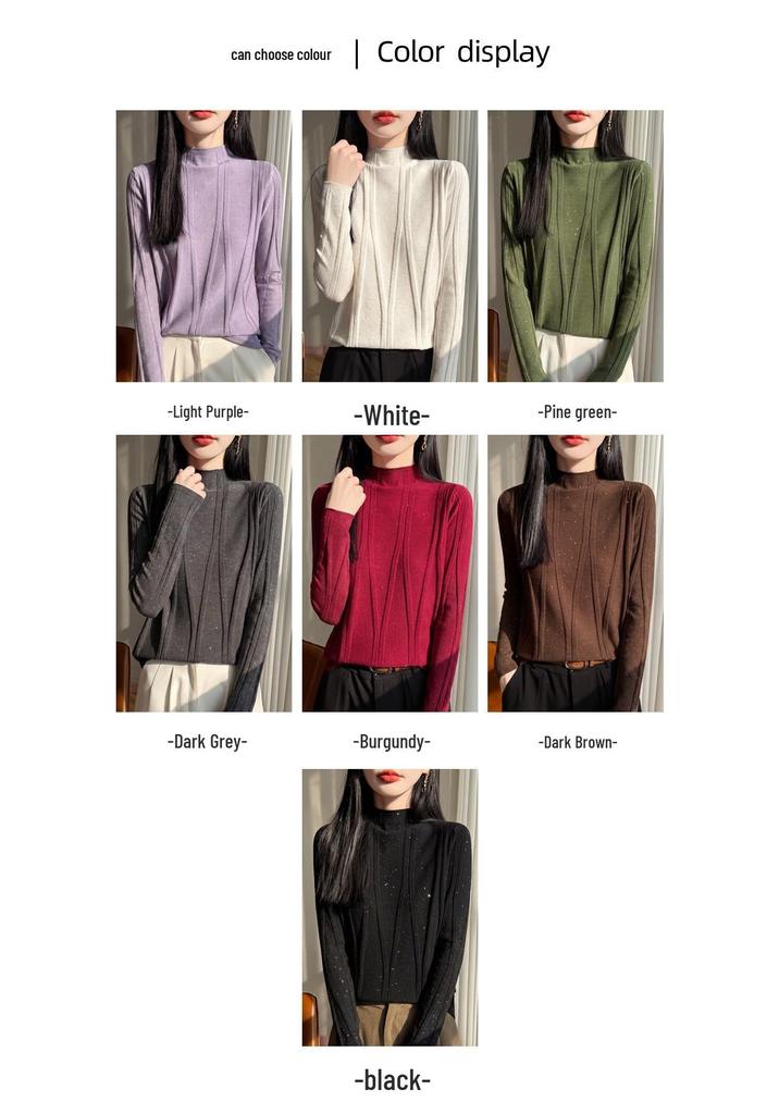 2026 Women's Autumn/Winter Slim-Fit Rhinestone Knit Sweater with Half-High Collar
