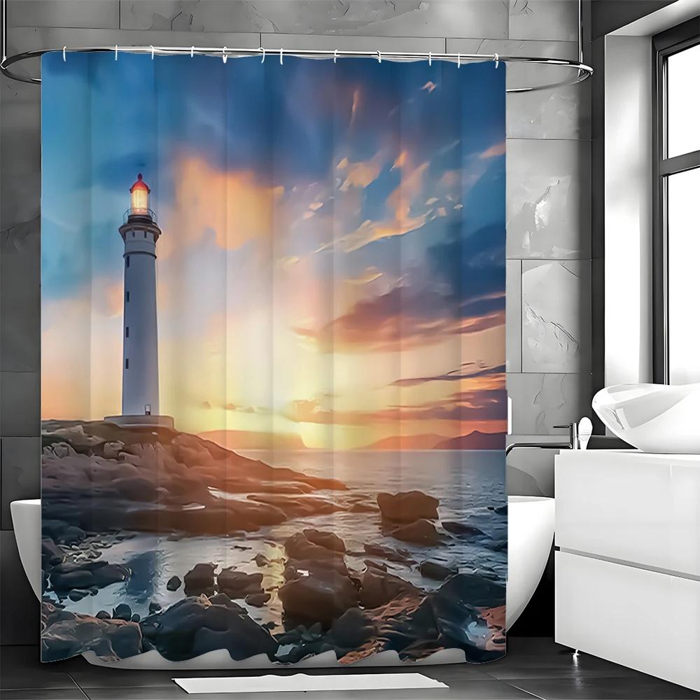 Ocean Lighthouse Shower Curtain, Bathroom Decorative Shower Curtain, Waterproof Shower Curtain with Hooks