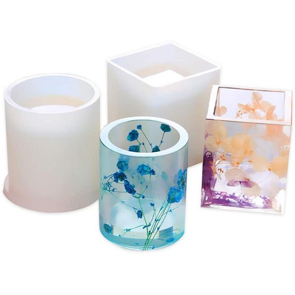 2PCS DIY Silicone Pen Molds Cube and Cylinder Resin Molds Pen Holder Mold for Craft Making