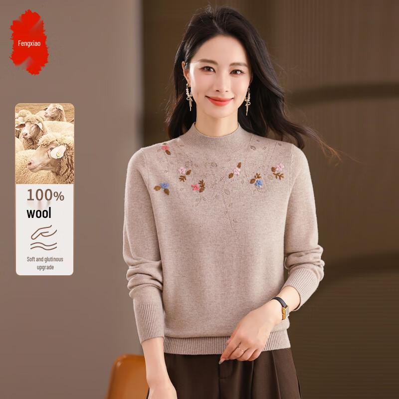 

Fengxiao Women s 100% Wool Mock Neck Embroidered Sweater 3XL