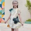 Girls Geometric Printed Round Neck Flutter Sleeve A Line Flared Dress