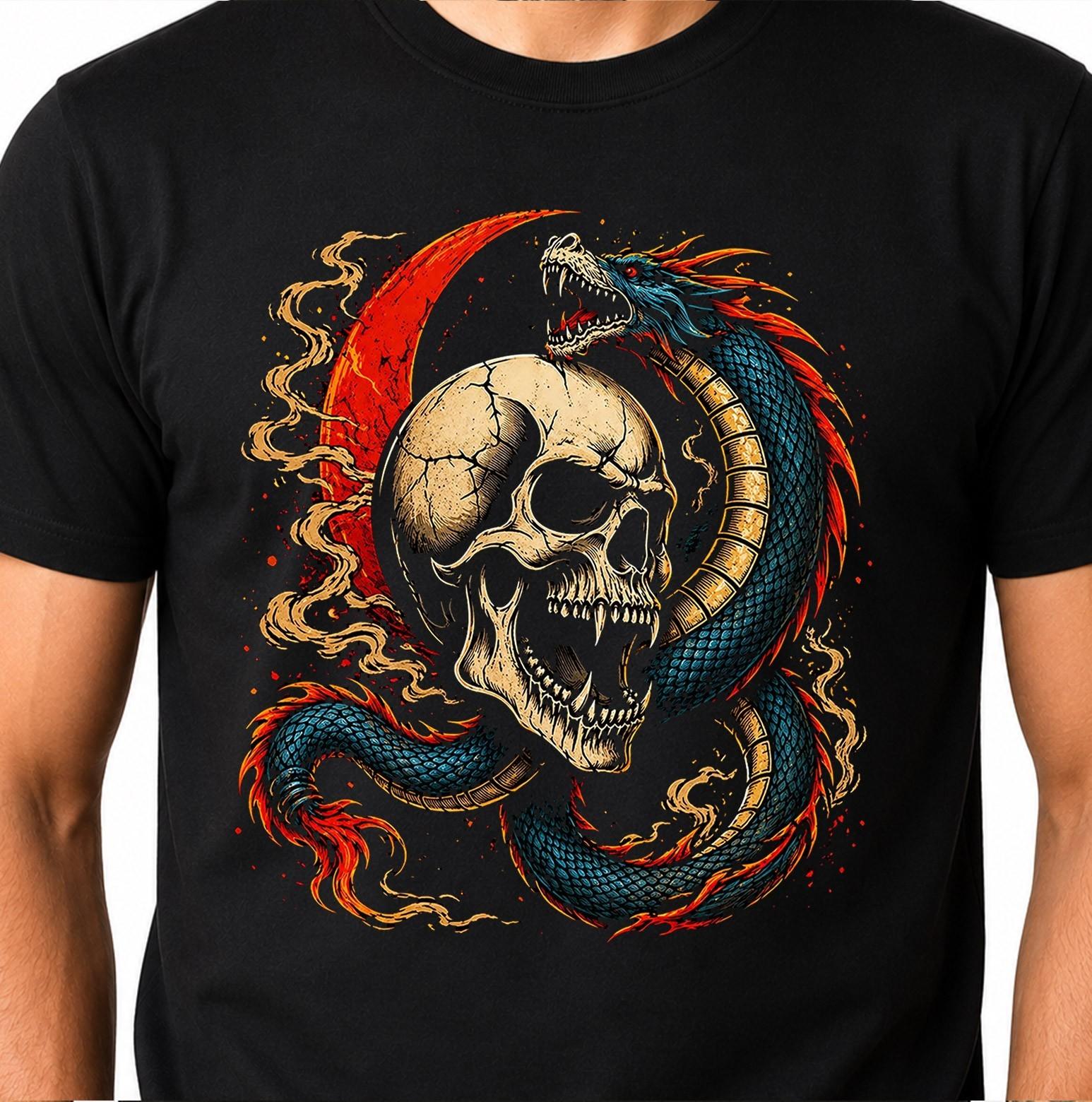 Skull Dragon Graphic Gothic Biker Fantasy Japanese Moon Flame Heavy Metal Tee. XL