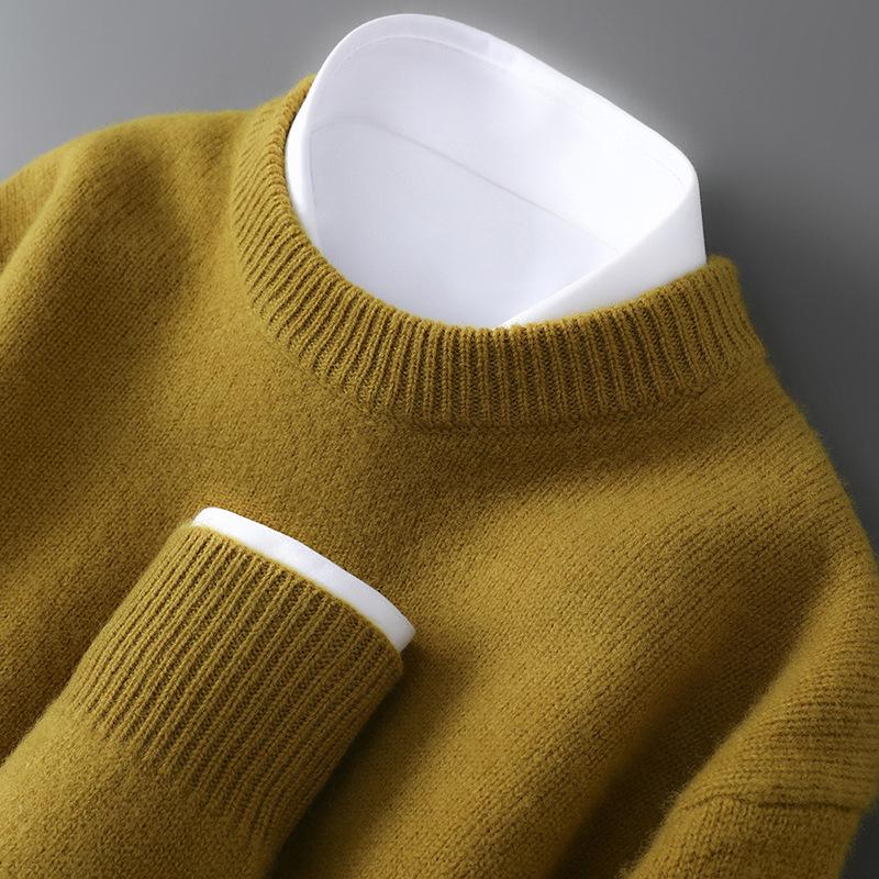 Herren Pullover aus reiner Wolle, schwer, Rundhalsausschnitt, lockere Passform, warm, einfarbig, ideale Basisschicht für Herbst/Winter.