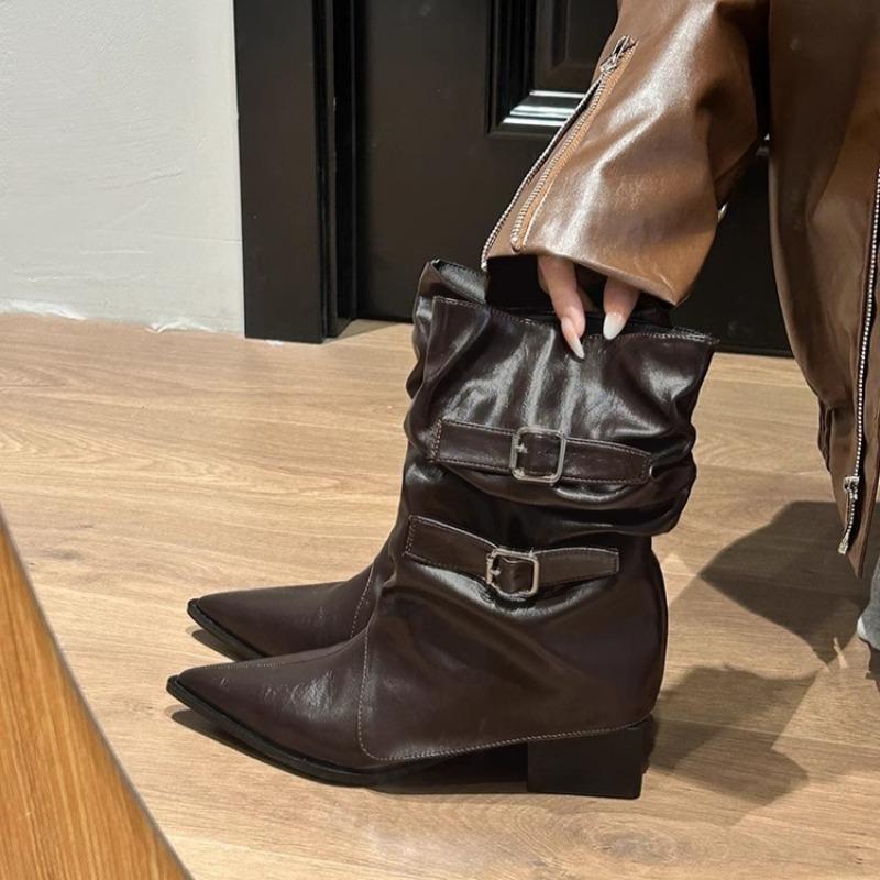 Fashion Pointed Toe Belt Buckle Block Heel Trouser Heel Boots Women's Spring and Autumn Fashion Pleated Skinny Mid-Tube Pile Boots