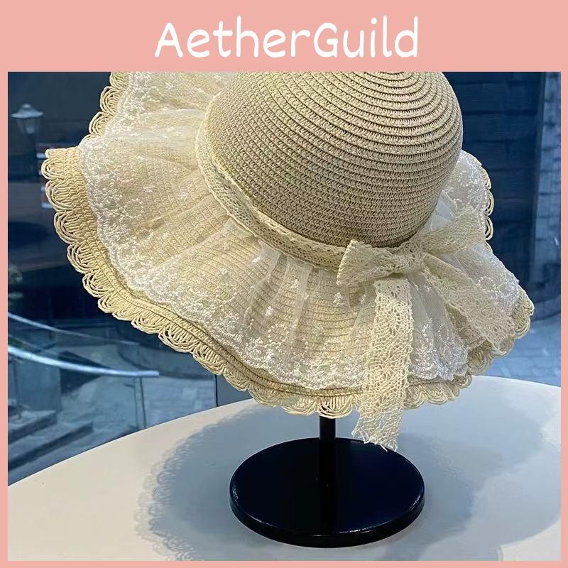 Woven Straw Summer Hat With Wide Brim And Lace Bow Decoration For Daily Wear