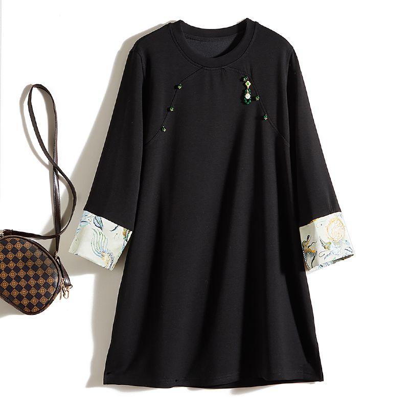 

Инклюзивное платье из смесового хлопка с ручками! Женское платье с круглым вырезом, большим А-образным силуэтом, подвеской с кисточкой и пряжкой-пластиной, черное, короткое Black XL recommend 67.50kg