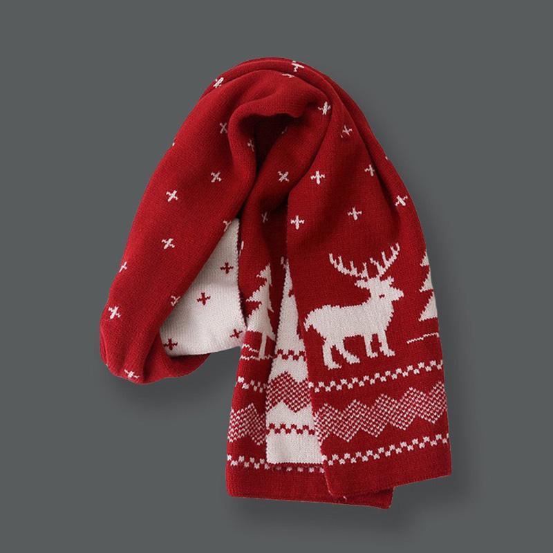 Winter Warm Women Christmas Scarf Xmas Pattern Double-sided Red Outdoor Warm Long Scarf Knitted Scarves Christmas Party Accessories